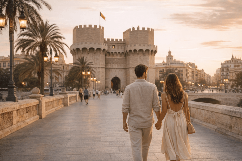 Pareja paseando al atardecer junto a las Torres de Serranos en Valencia durante una escapada de Semana Santa