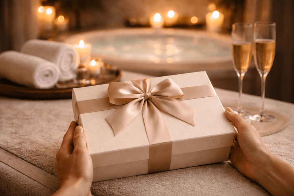 Bono regalo spa en Valencia en caja premium con lazo elegante en un ambiente wellness íntimo