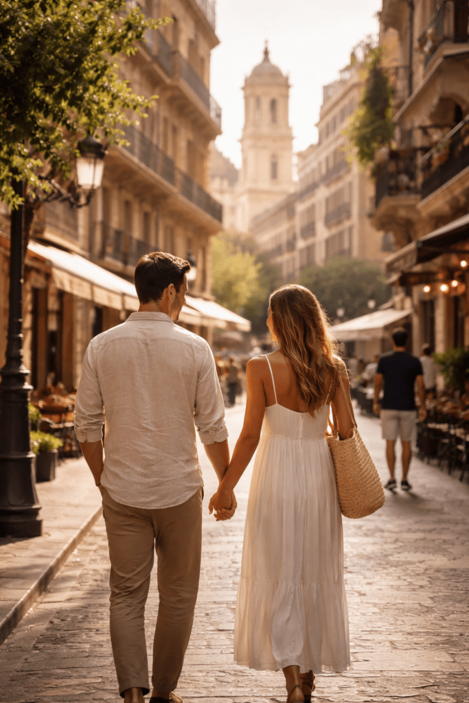 Pareja paseando por una calle con encanto de Valencia durante una escapada romántica de 48 horas