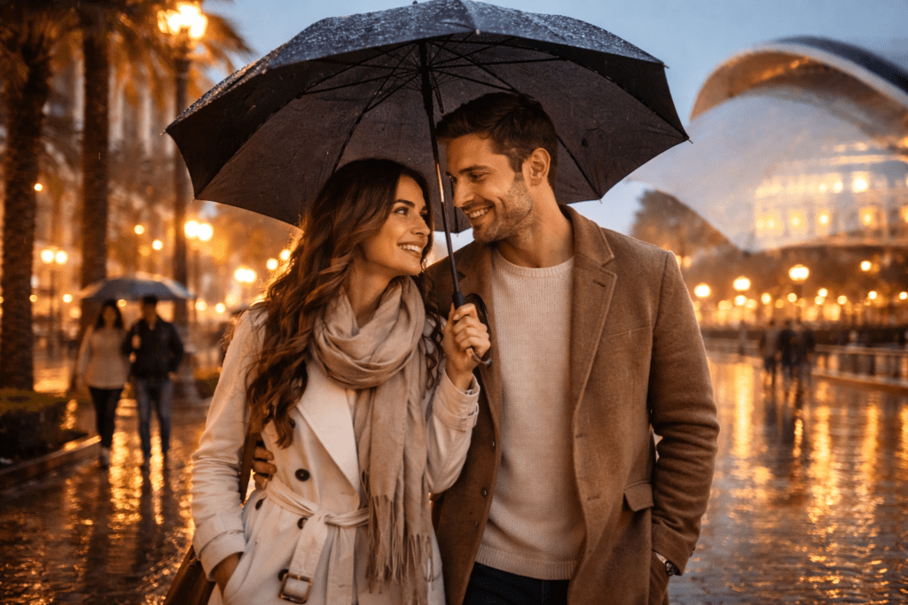 Pareja paseando por Valencia bajo la lluvia con paraguas en una tarde romántica