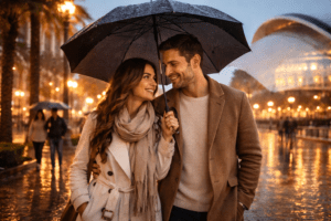 Pareja paseando por Valencia bajo la lluvia con paraguas en una tarde romántica