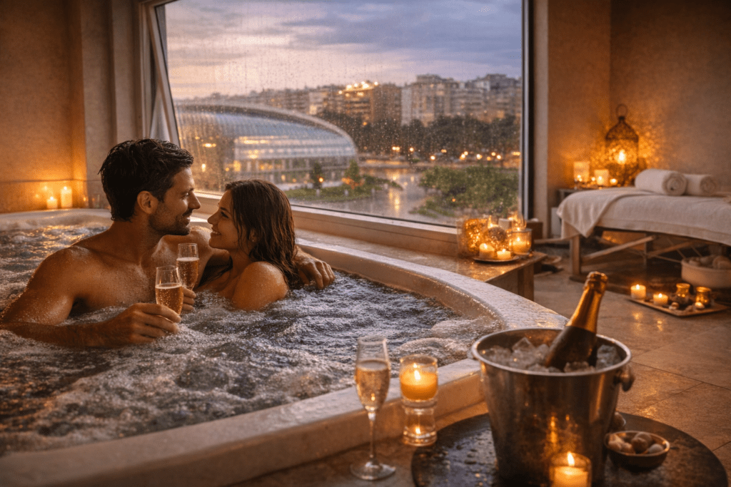 Pareja disfrutando de un jacuzzi en un hotel spa de Valencia con vistas urbanas al atardecer