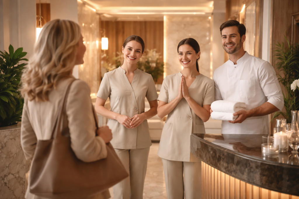 Personal impecable de un spa de lujo despide con una sonrisa a una clienta en una recepción elegante y cálida.