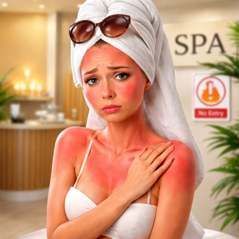 Persona con la piel enrojecida por una quemadura solar mostrando gesto de dolor y tristeza en la entrada de un spa.