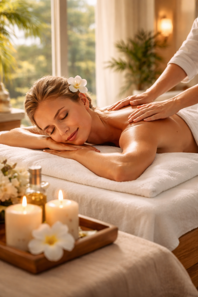 Mujer recibiendo un masaje relajante en un spa de lujo luminoso, con velas, aceites y ambiente sereno de verano.