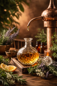 Alambique de cobre destilando esencia en una aceitera de cristal abierta, rodeado de plantas aromáticas en un ambiente cálido de madera.