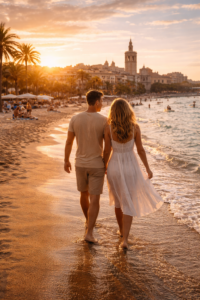 Pareja paseando descalza por la orilla de la playa al atardecer en Valencia, con luz dorada y ambiente romántico.