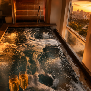Jacuzzi compartido al atardecer con copas de cava, spa de parejas en Valencia