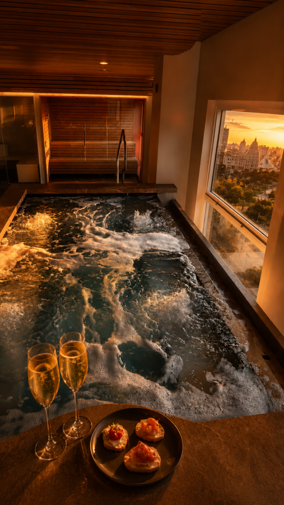 Jacuzzi compartido al atardecer con copas de cava, spa de parejas en Valencia