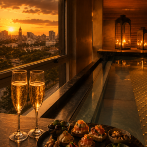 Jacuzzi privado con champagne y vistas panorámicas al atardecer en Valencia