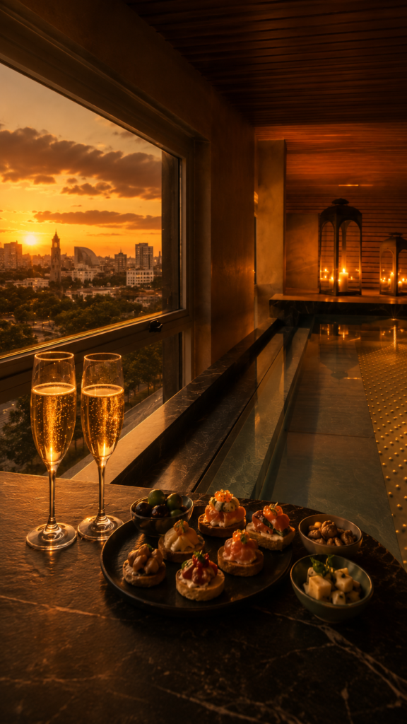 Jacuzzi privado con champagne y vistas panorámicas al atardecer en Valencia