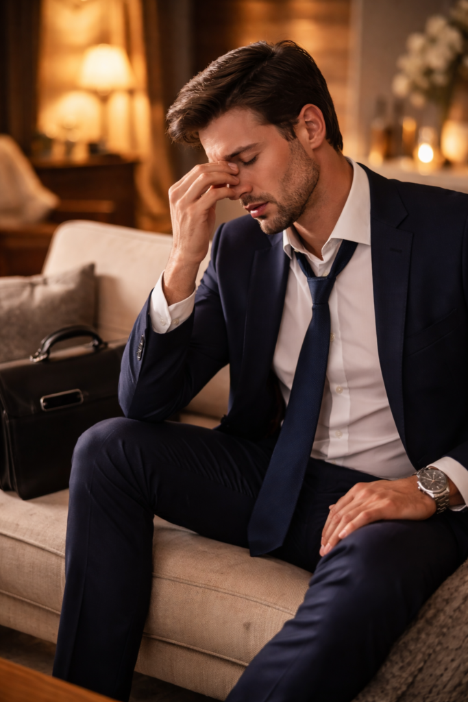 Hombre cansado con traje sentado en el sofá al llegar a casa, con gesto de agotamiento tras un día intenso de trabajo.
