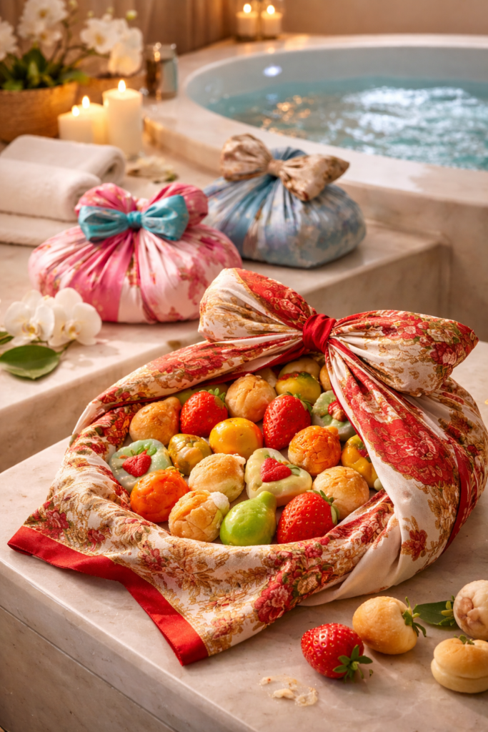 Mocadorà valenciana con pañuelos de seda y mazapanes tradicionales junto a un jacuzzi de spa de lujo.