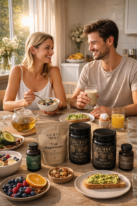 Pareja sonriente desayunando en una cocina luminosa con alimentos saludables y suplementos de bienestar sobre la mesa.