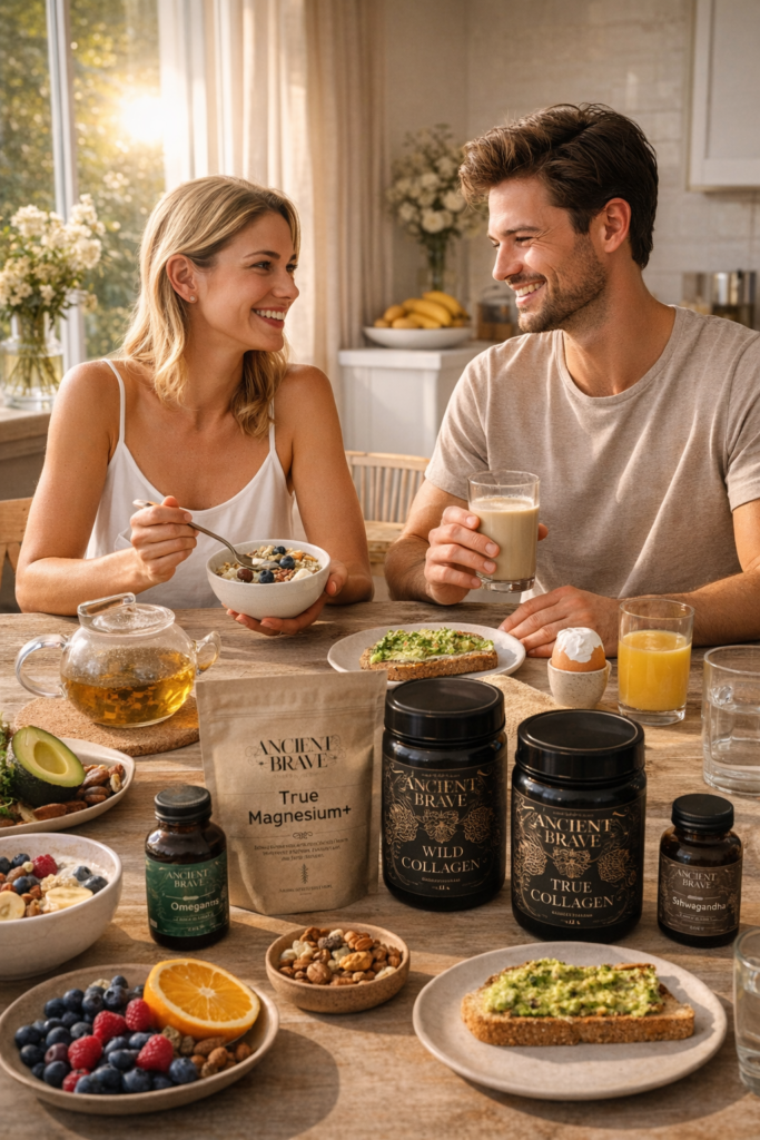Pareja sonriente desayunando en una cocina luminosa con alimentos saludables y suplementos de bienestar sobre la mesa.