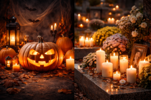 Imagen dividida que representa Halloween y Todos los Santos, con una calabaza iluminada a un lado y velas con flores al otro.